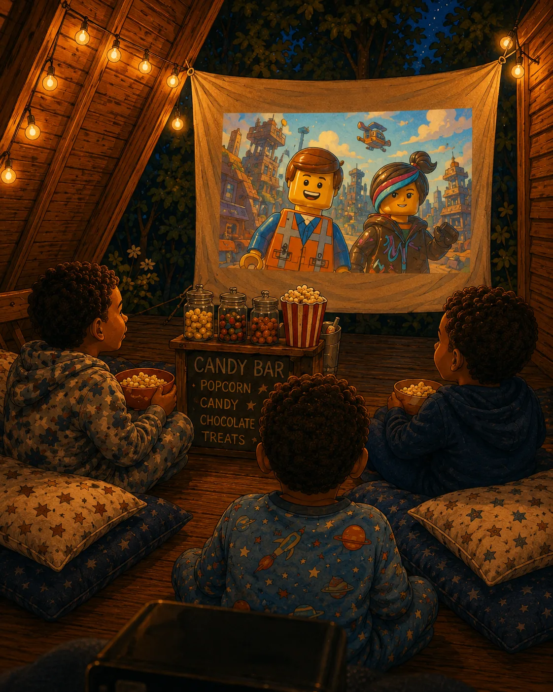 Kids in pyjamas watching Lego Movie in the A-frame at Les Vendredis, candy bar in front of them